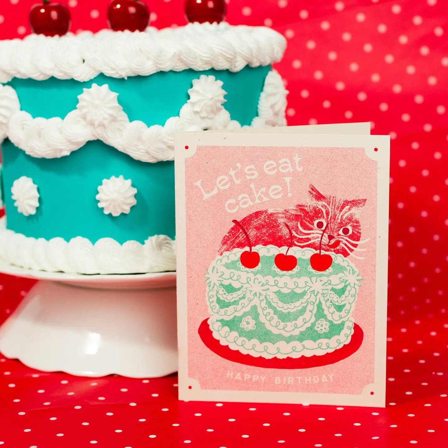 Let's Eat Cake Cat Risograph Card · Bromstad Printing Co.