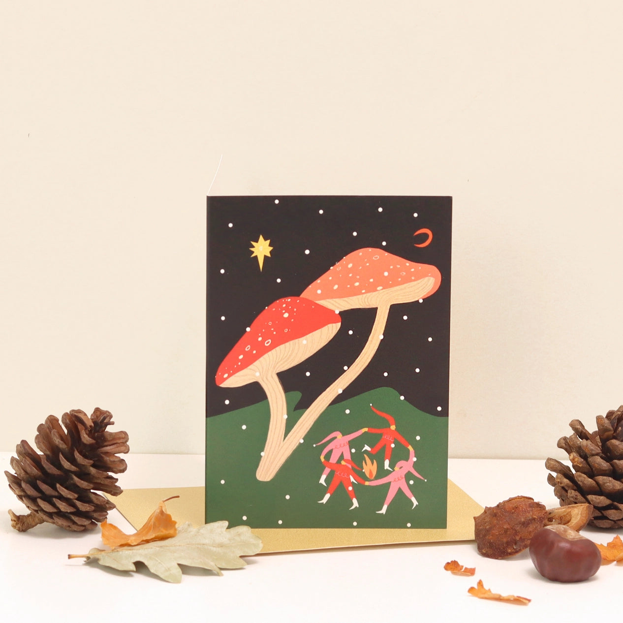 Folky Elves Mushroom Christmas Card