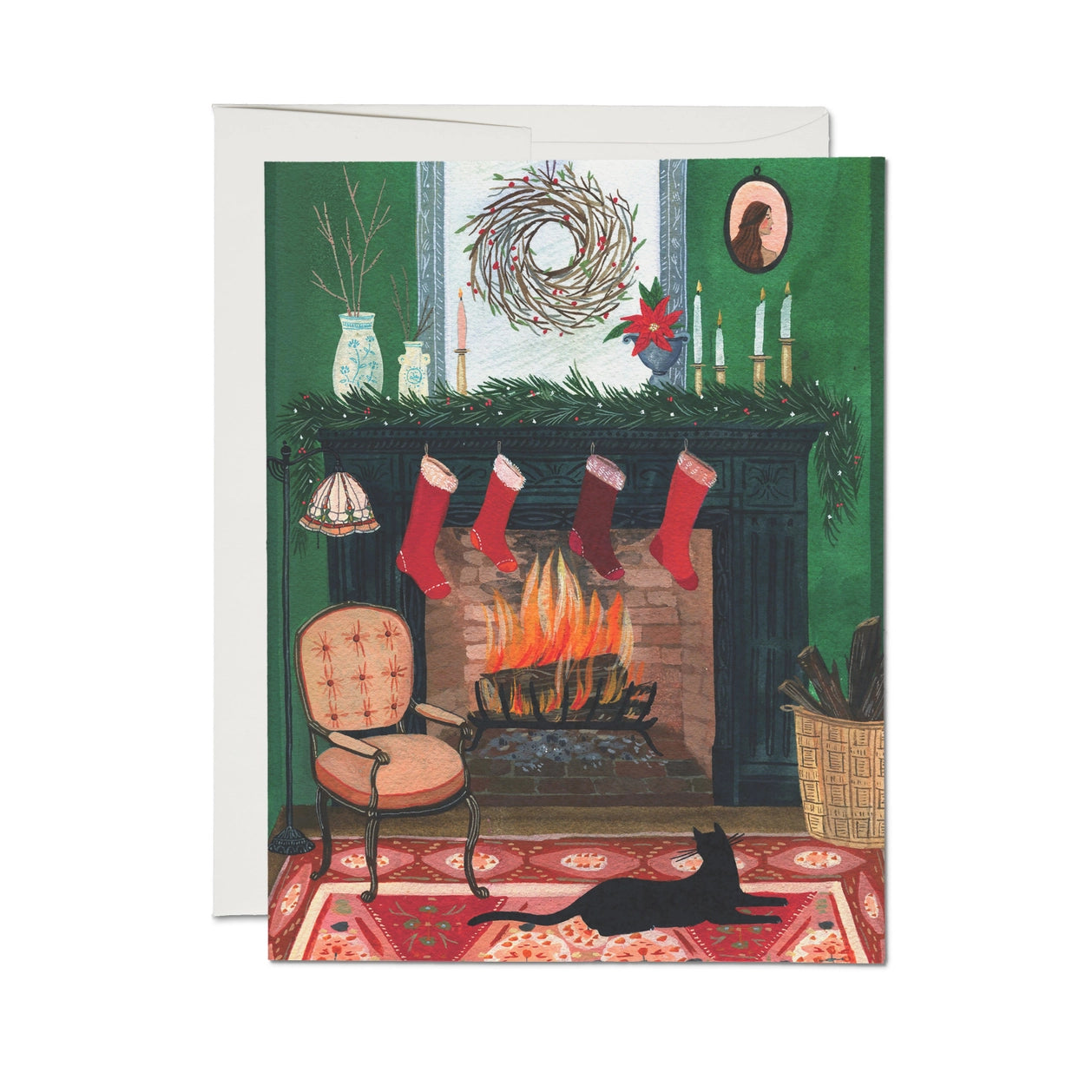 Christmas By the Fireplace Holiday Greeting Card · Red Cap Cards