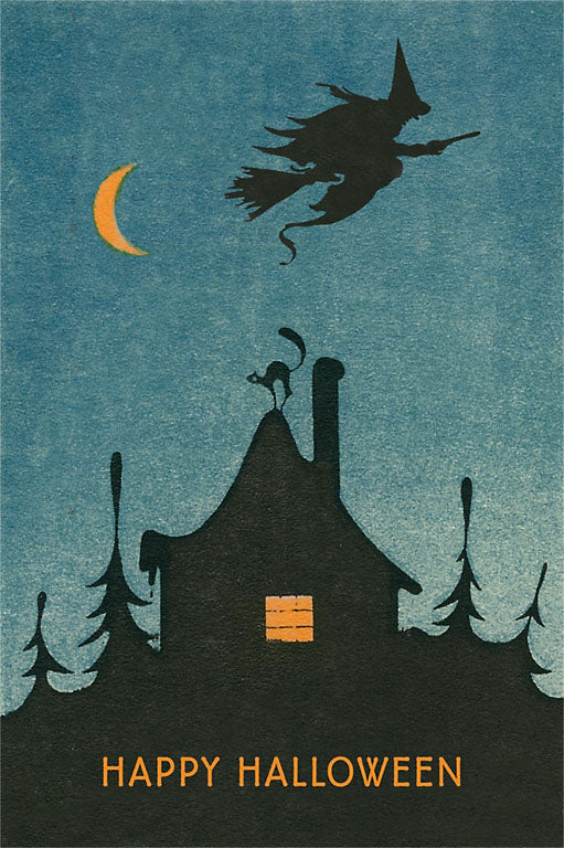 Happy Halloween, Witch Flying Over House / Vintage Image Postcard