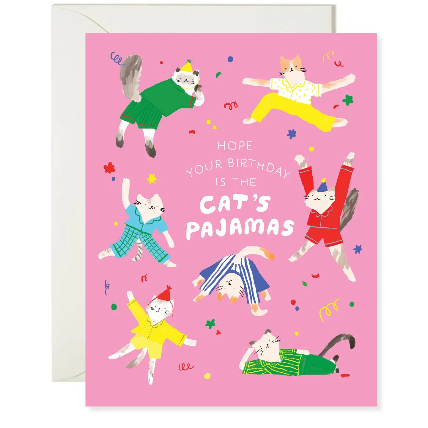 cats cat pajamas hope birthday pink green yellow blue dingbat confetti stars cute