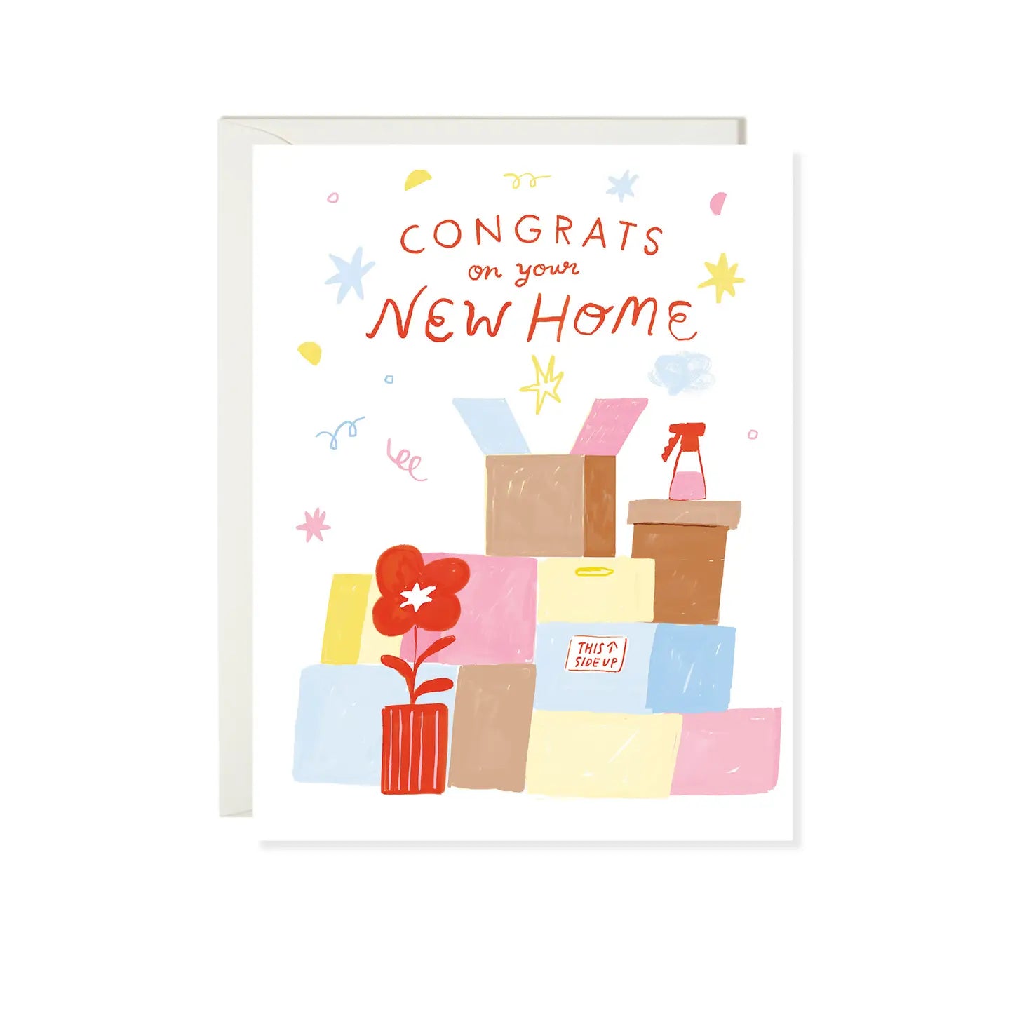 congrats new home card boxes flower potted colourful casual stars hand drawn