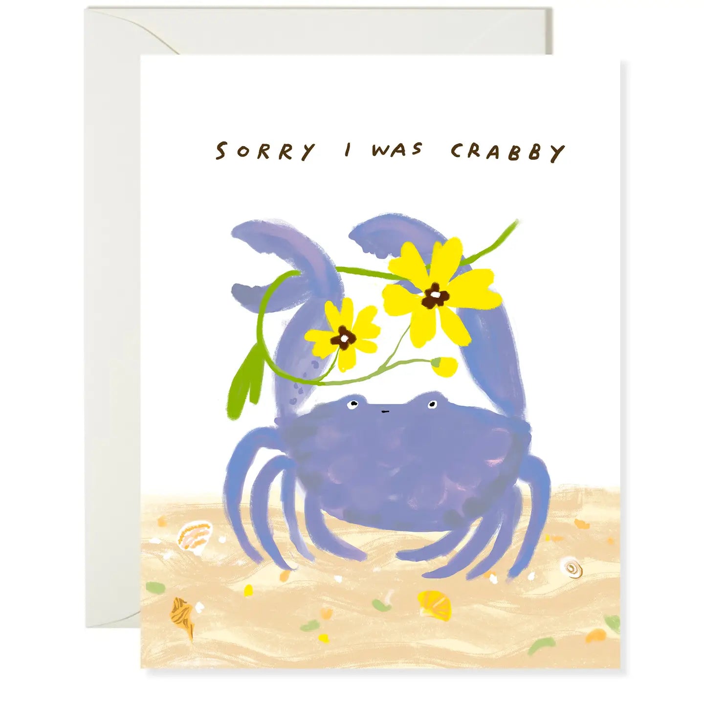 cranky crabby sorry blue flowers sand shells