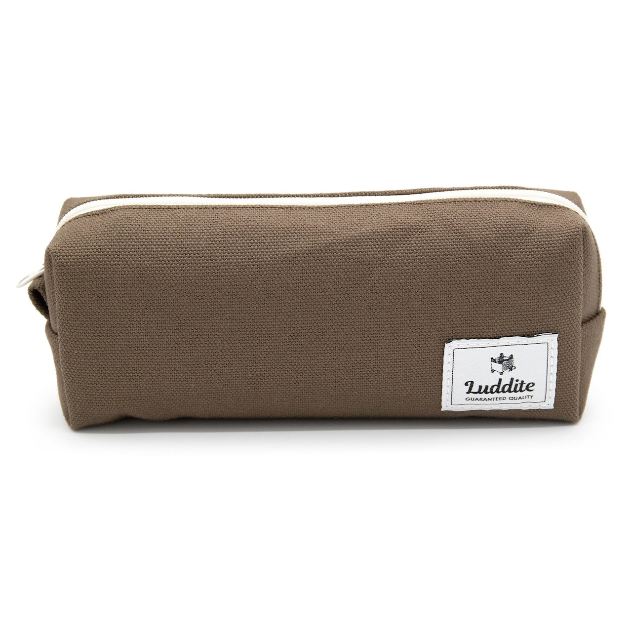 Brown pencil bag with a visible brand label on a white background
