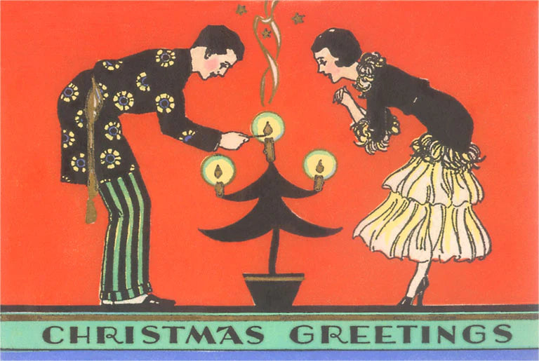 Christmas Greetings, Art Deco Couple / Vintage Image Postcard