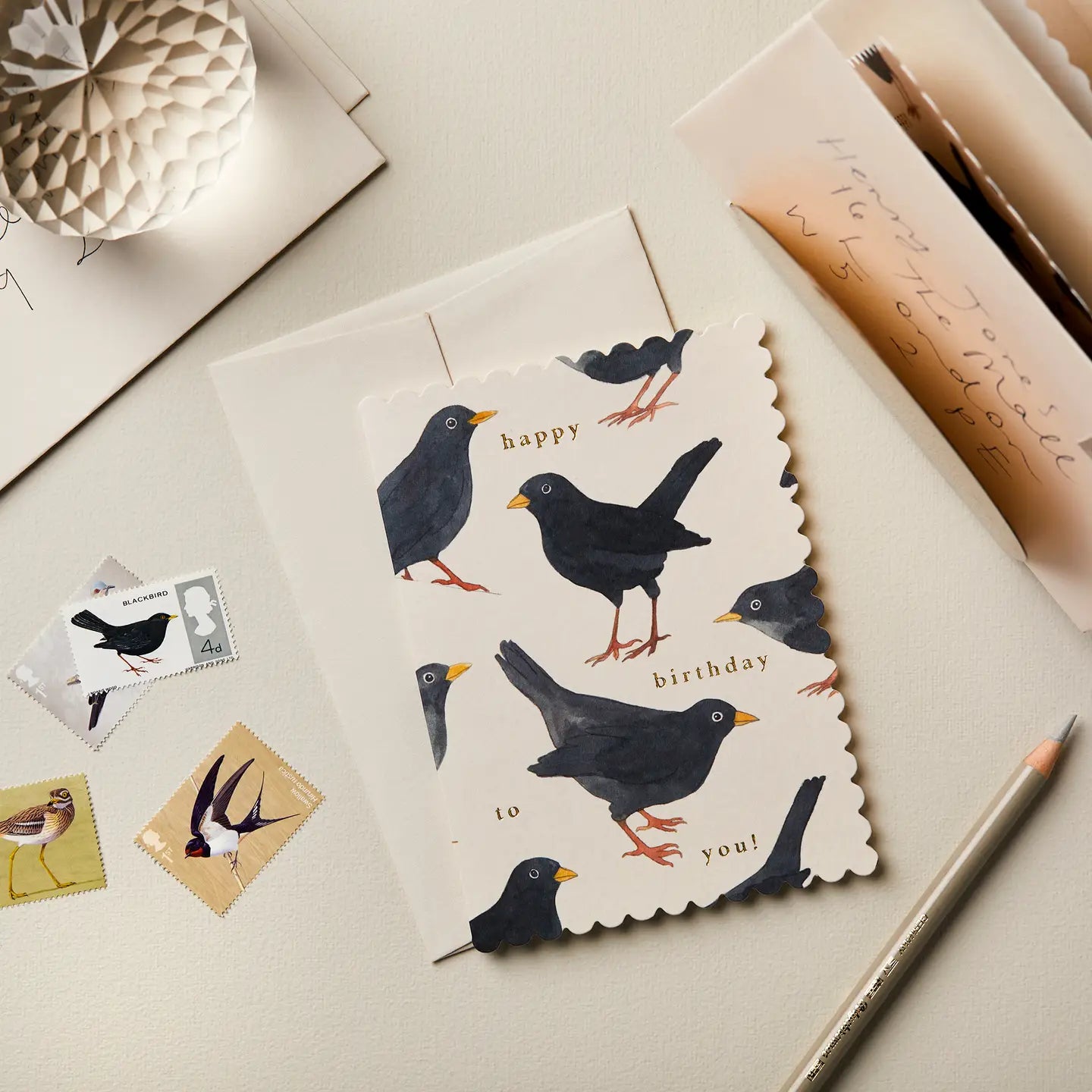 bird blackbird happy birthday scalloped small