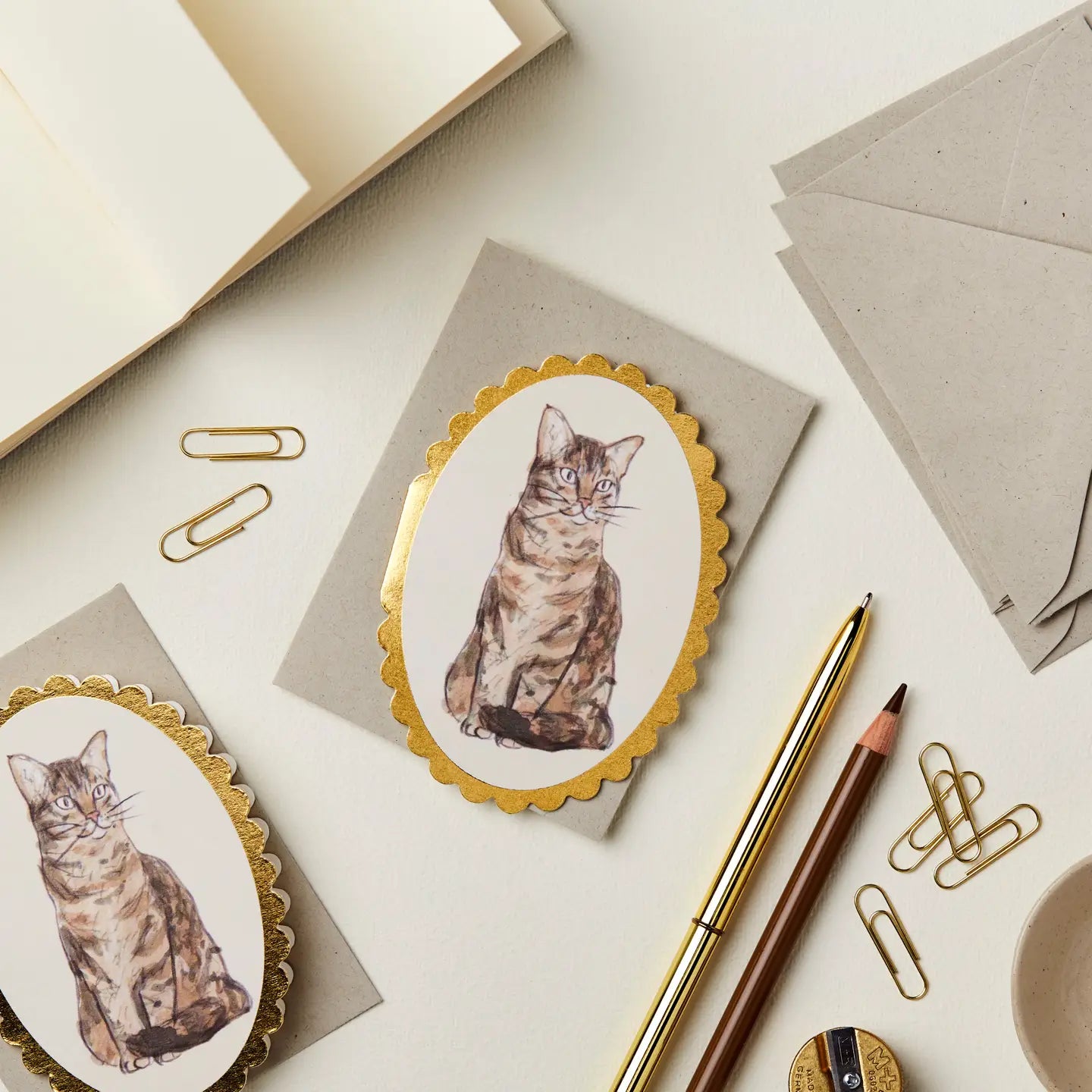 cat gold foil scalloped pencil illustration
