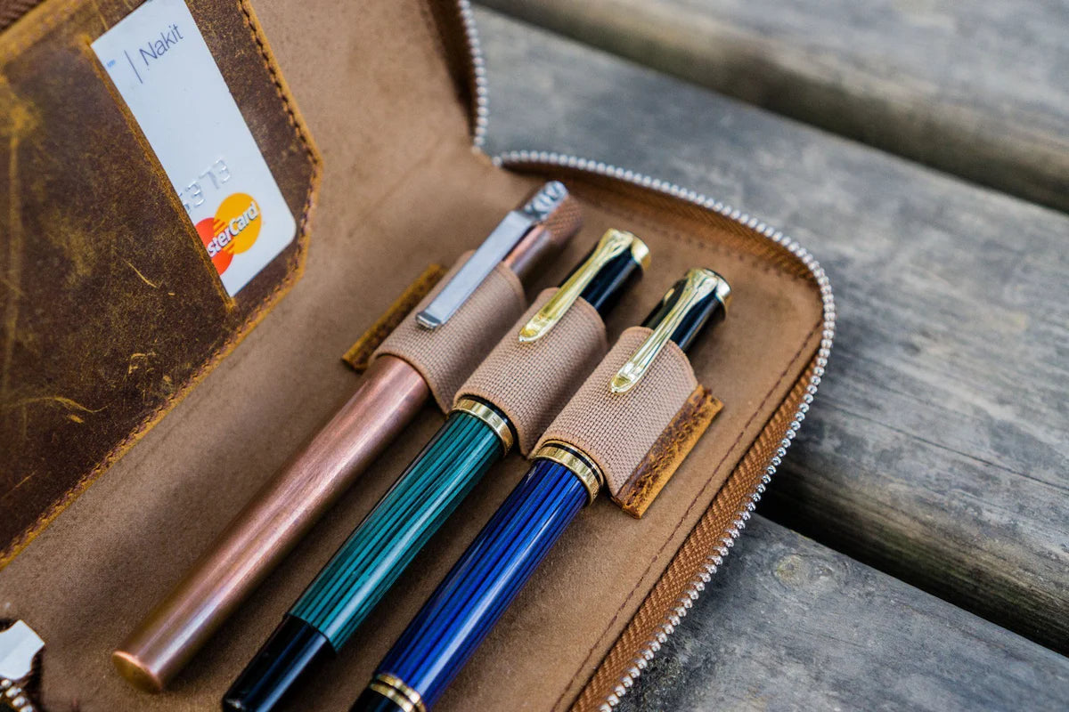 Leather Zippered Pen Case / Brown 3 Slots · Galen Leather Co.