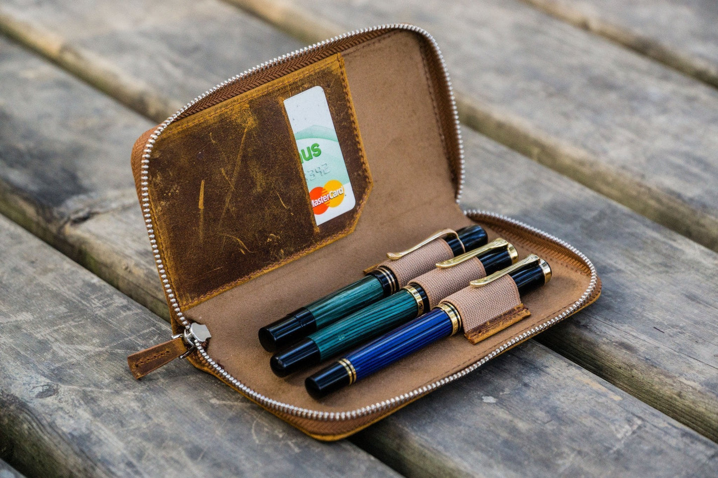 Leather Zippered Pen Case / Brown 3 Slots · Galen Leather Co.