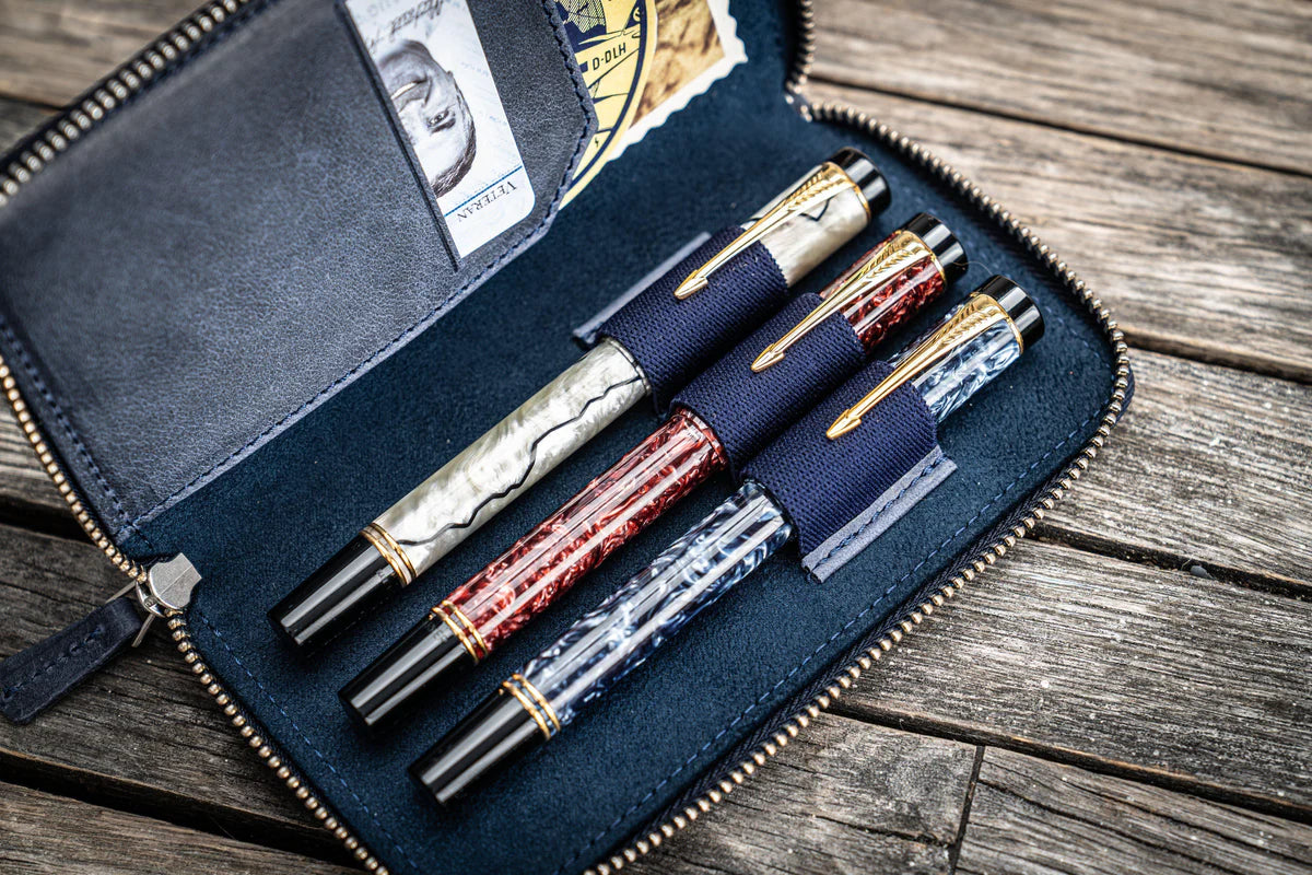 Leather Zippered Pen Case / Navy 3 Slots · Galen Leather Co.