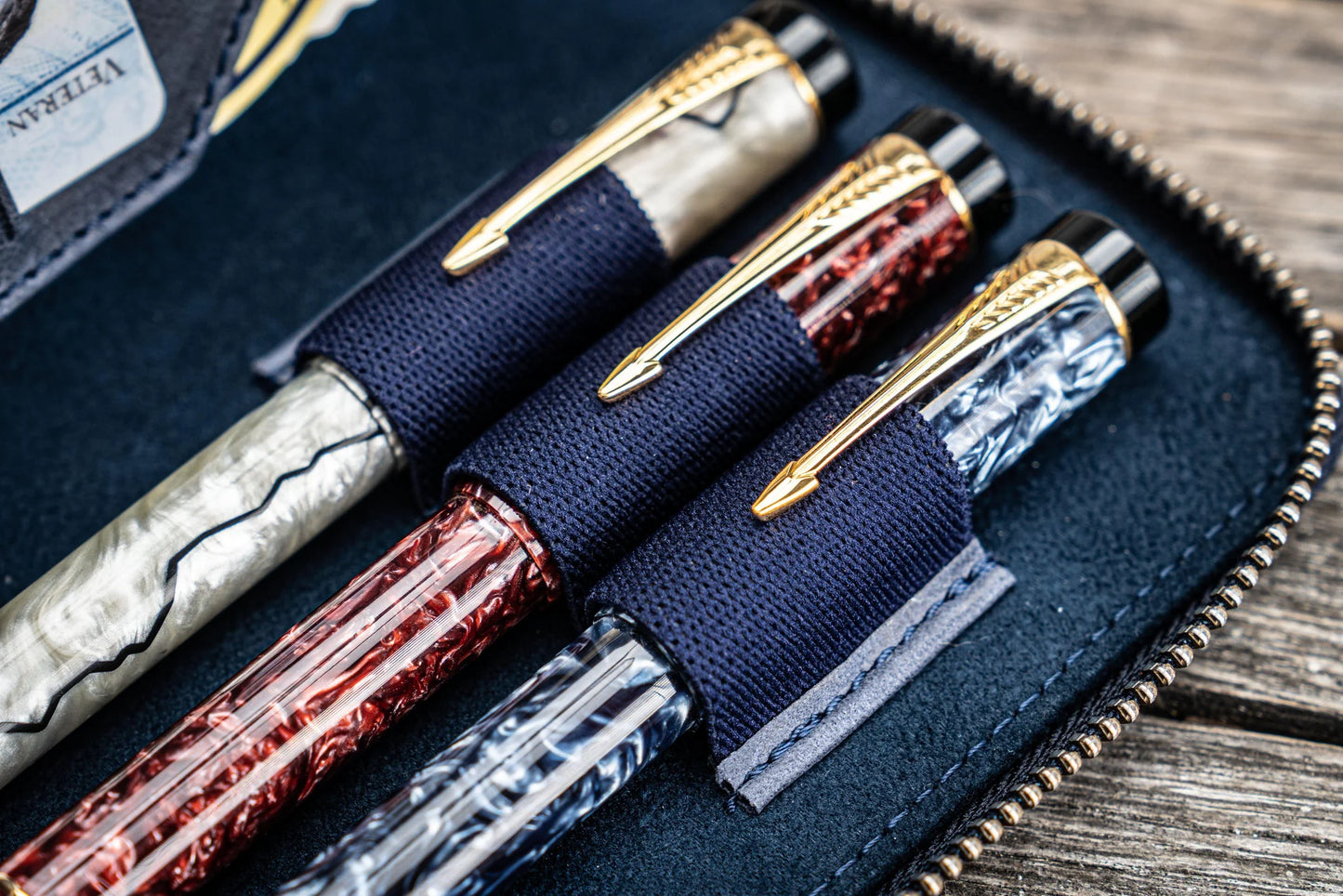 Leather Zippered Pen Case / Navy 3 Slots · Galen Leather Co.