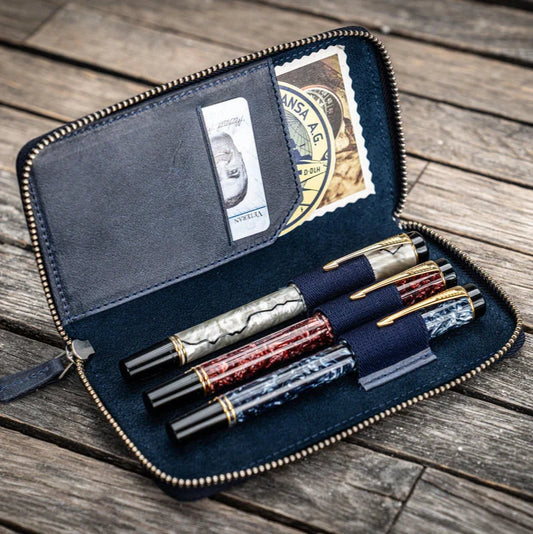 Leather Zippered Pen Case / Navy 3 Slots · Galen Leather Co.