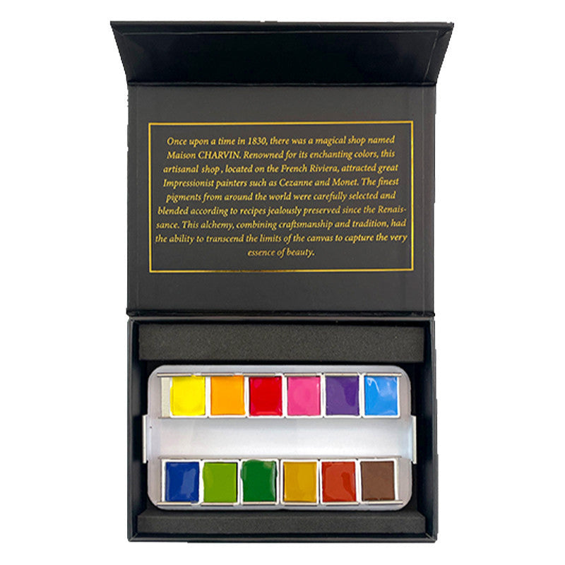 Aquarelle Extra Fine 12 Primary Half Pans Pocket Noir Watercolor Box · Charvin Arts