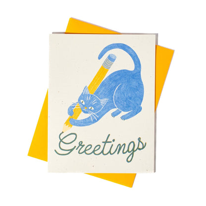 Greetings Pencil Cat Risograph Card · Bromstad Printing Co.