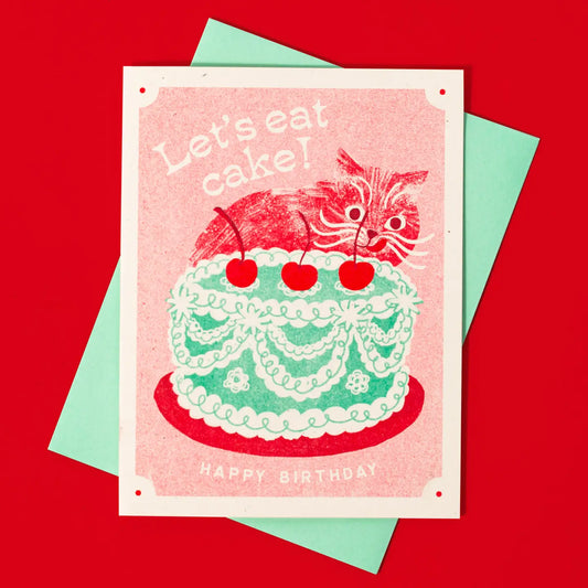 Let's Eat Cake Cat Risograph Card · Bromstad Printing Co.