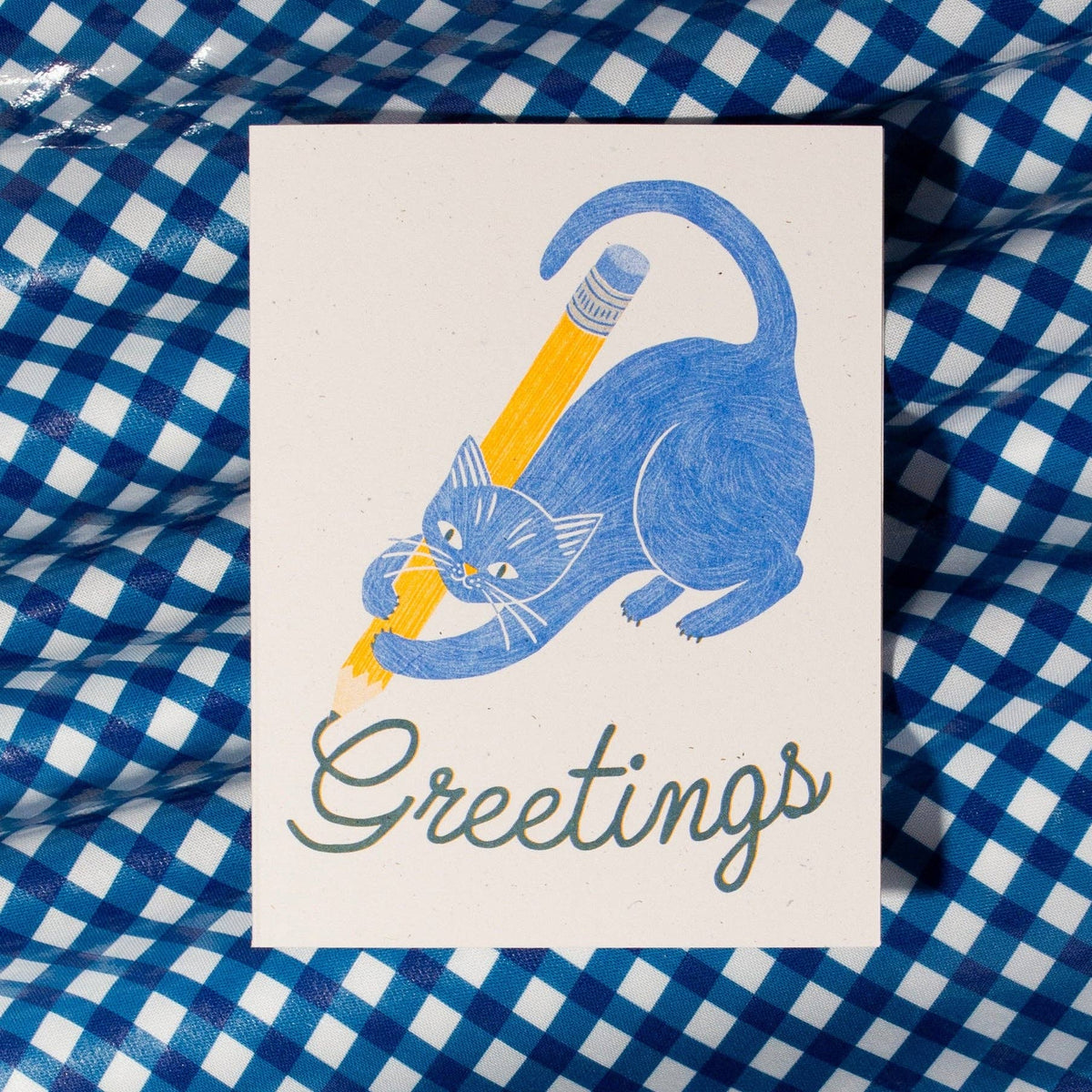 Greetings Pencil Cat Risograph Card · Bromstad Printing Co.