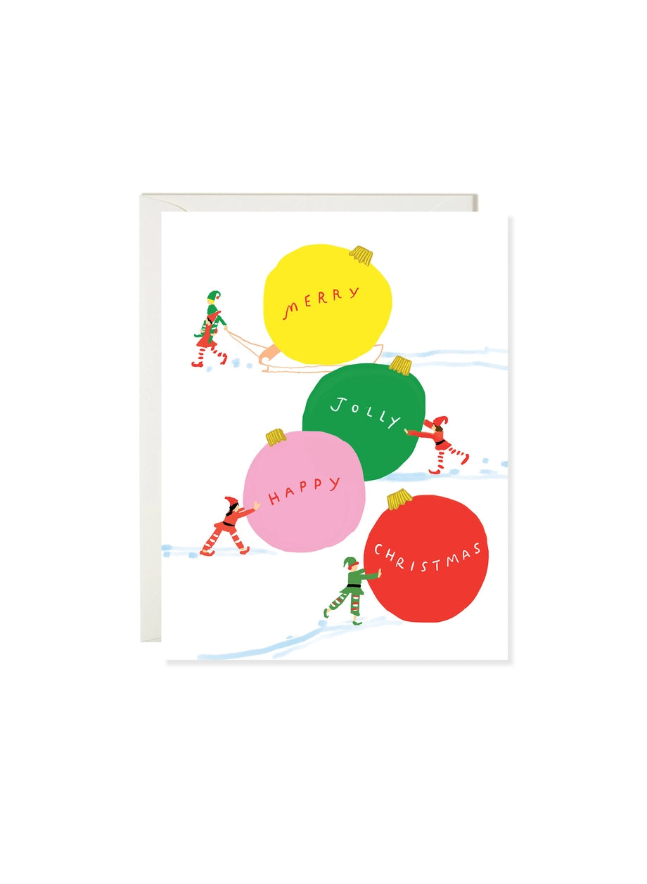 Elves Pushing Ornaments Chirstmas Card · Karen Schipper