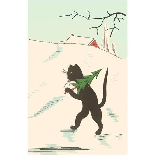 Black Cartoon Cat with Small Christmas Tree · Vintage Image Postcard