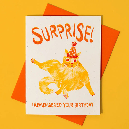 Surprise! I Remembered Your Birthday Cat Risograph Card · Bromstad Printing Co.