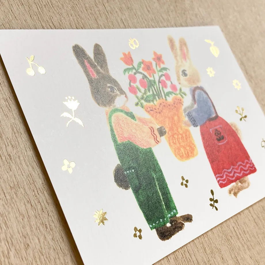 rabbit bunny floral flower bouquet card greeting card embossed gold village cottage spring festival