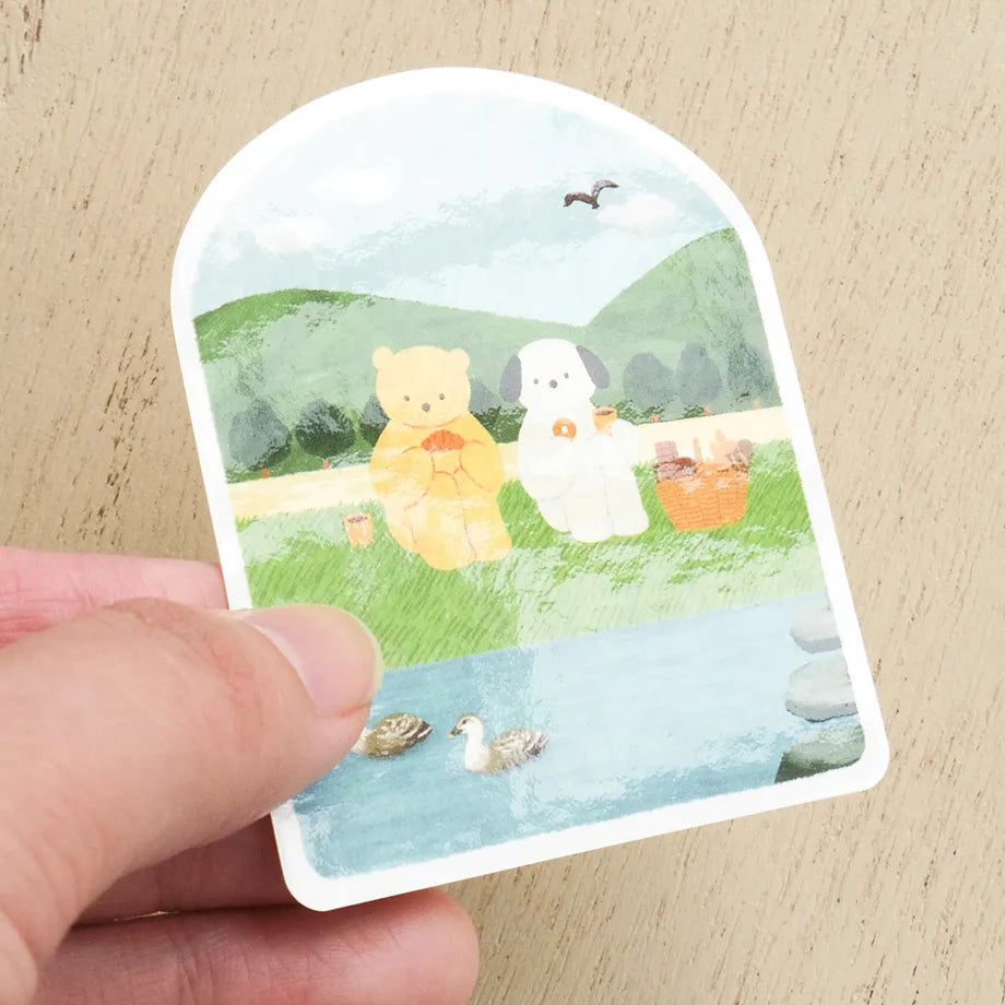 sticker stickers bear dog picnic lake cute illustration duck pond river mountain landscape grass trees tree