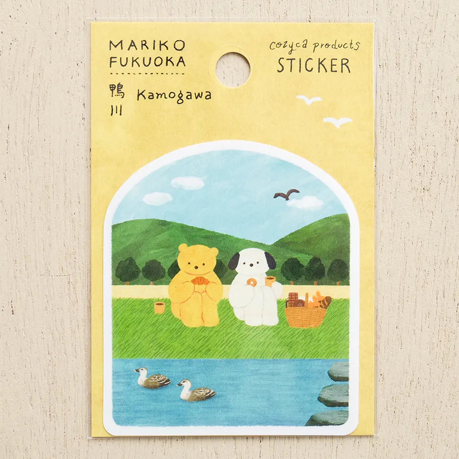 sticker stickers mariko fuuoka cozyca kamogawa picnic bear dog friends pond river lake mountain grass landscape illustration