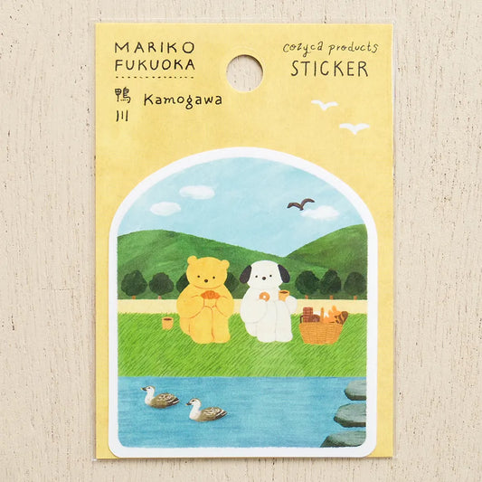 sticker stickers mariko fuuoka cozyca kamogawa picnic bear dog friends pond river lake mountain grass landscape illustration