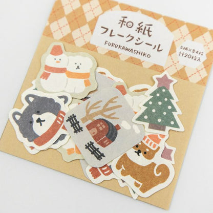 Snow Scene and Dog Winter Flake Stickers · Furukawashiko