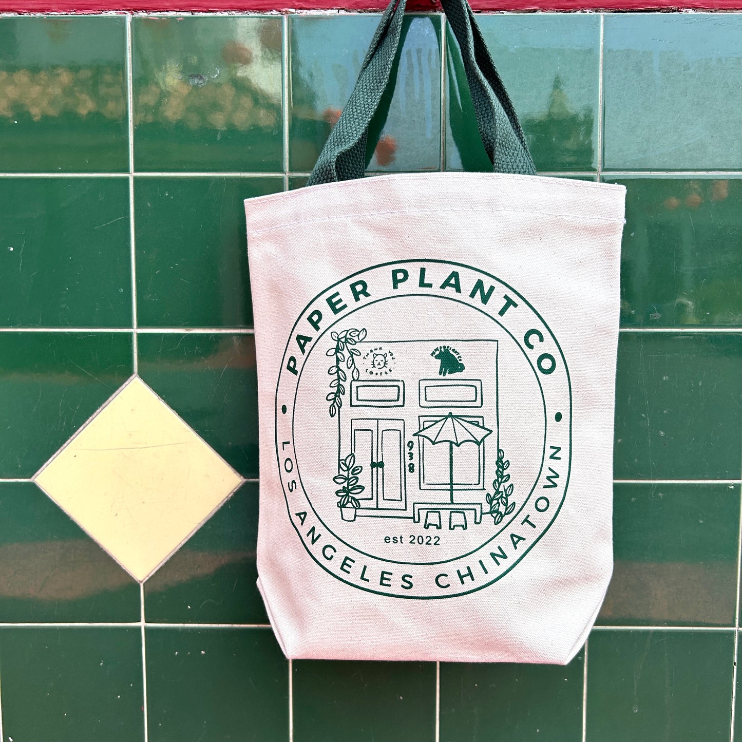 PPC Storefront Stamped Mini Tote Bag · Green Handles