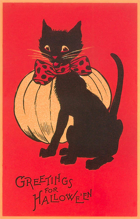 Greetings For Halloween, Cat and Pumpkin · Vintage Image Postcard