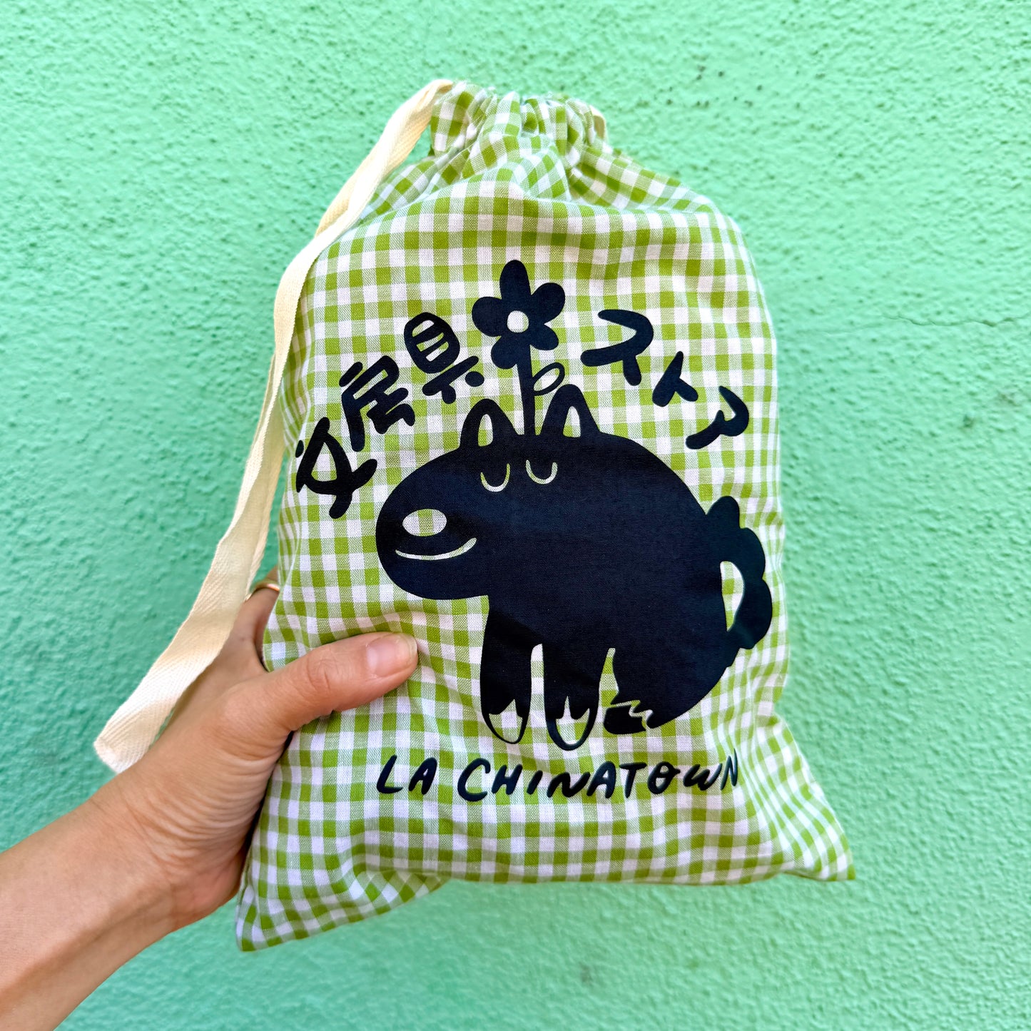 Vincent Mini Drawstring Bag · Green Gingham Cotton