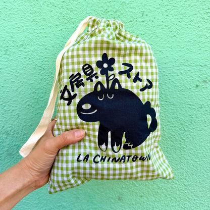 Vincent Mini Drawstring Bag · Green Gingham Cotton