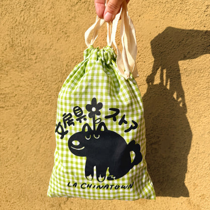Vincent Mini Drawstring Bag · Green Gingham Cotton