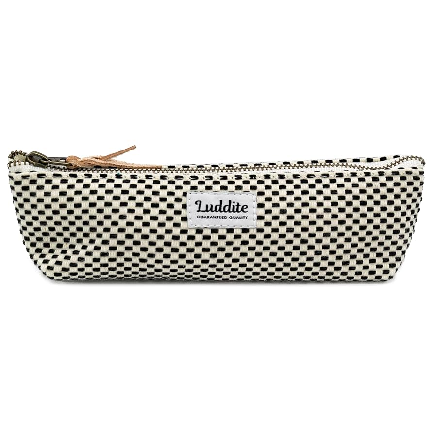 Black and white checkered pouch with a visible brand logo on a white background
