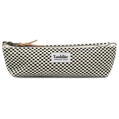 Black and white checkered pouch with a visible brand logo on a white background