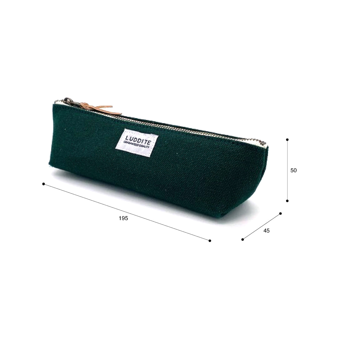 Green pencil case with dimensions on a white background