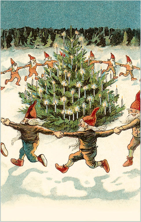 Elves Dancing Around Christmas Tree / Vintage Image Postcard