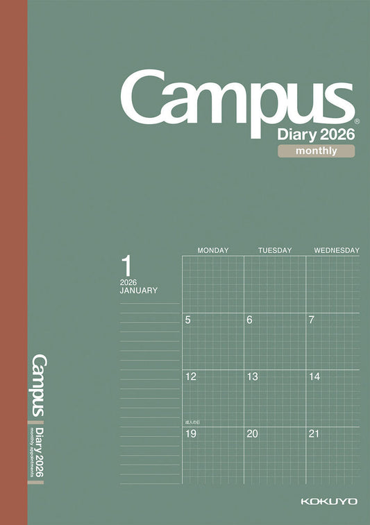 A5 Campus Diary 2026 Monthly Green Cover Grid · Kokuyo