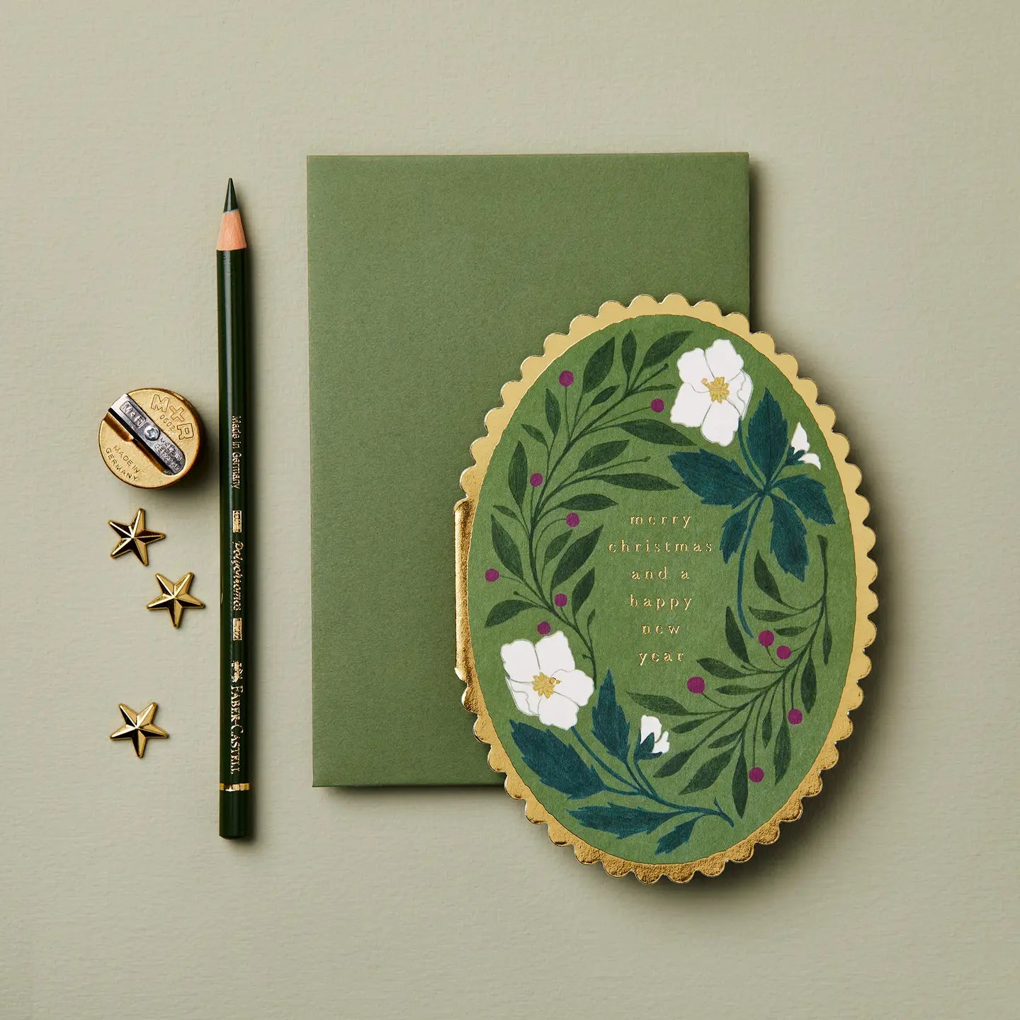 Oval Scalloped green flowers floral merry christmas berries 