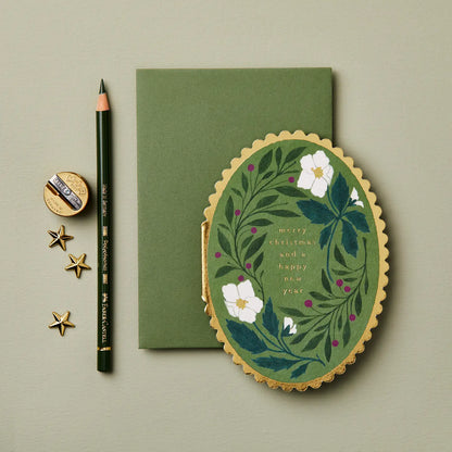 Oval Scalloped green flowers floral merry christmas berries 