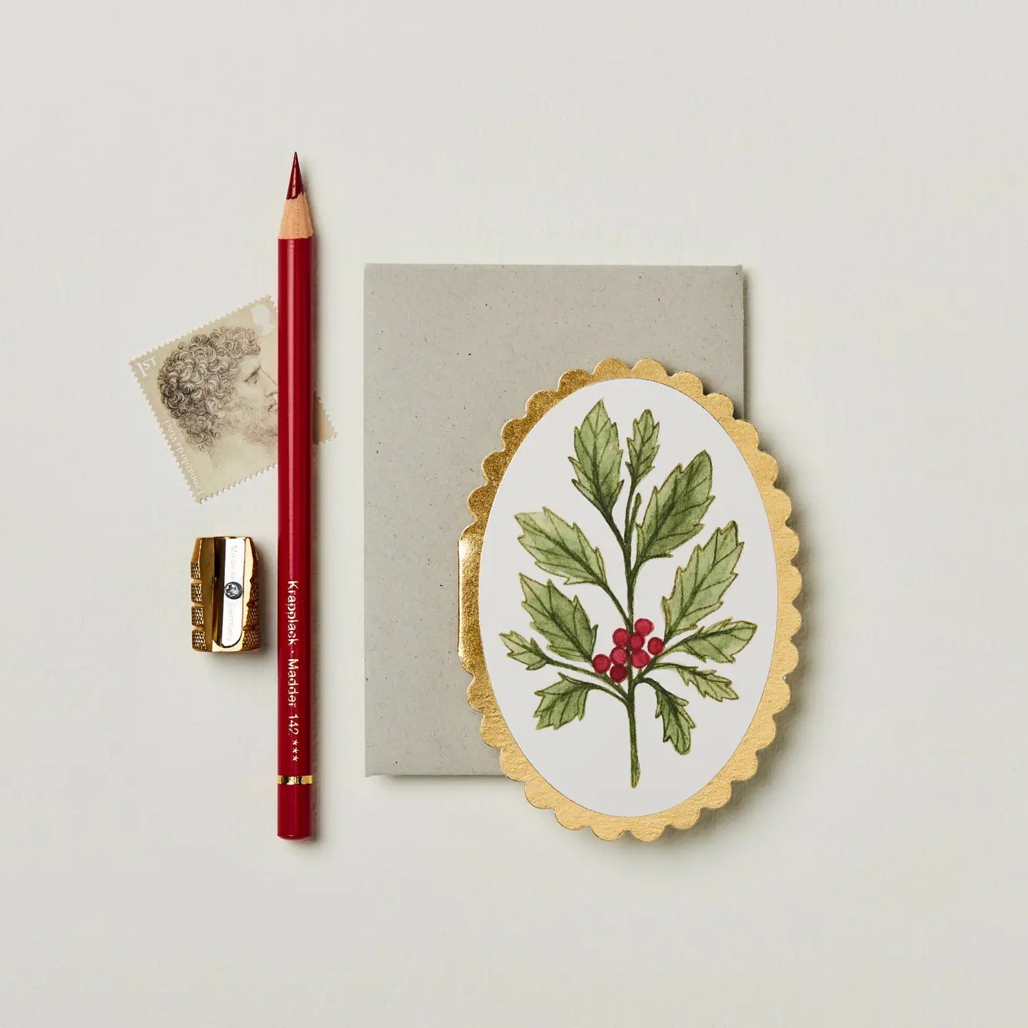 holly winter solstice small scalloped golden edge gold pencil illustration