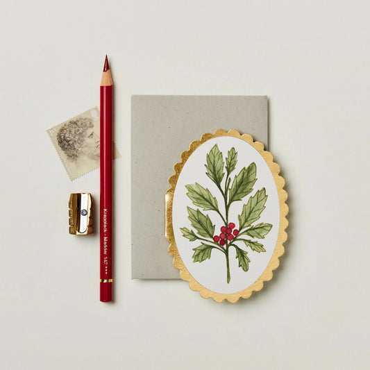 holly winter solstice small scalloped golden edge gold pencil illustration