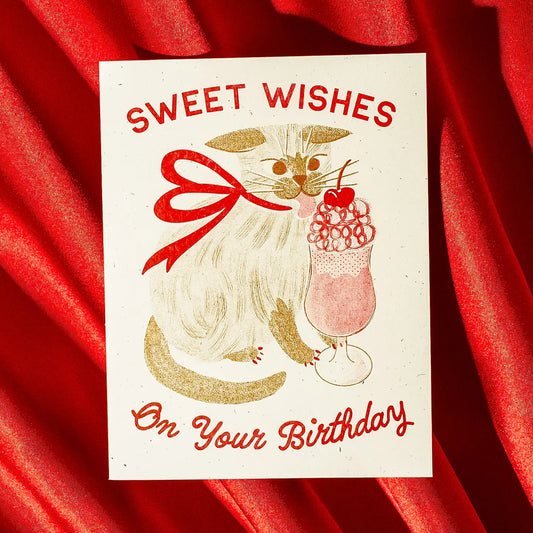Sweet Wishes Birthday Cat Risograph Card · Bromstad Printing Co.