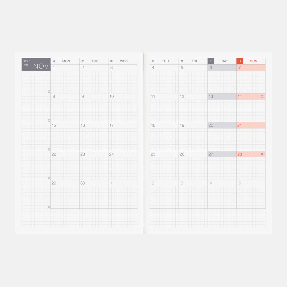 2027 Hobonichi Techo English Cousin Book《A5 size/Daily/Jan start/Mon start》