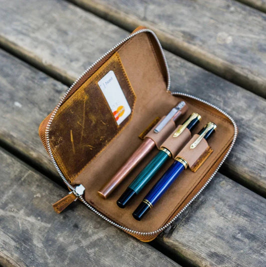 Leather Zippered Pen Case / Brown 3 Slots · Galen Leather Co.