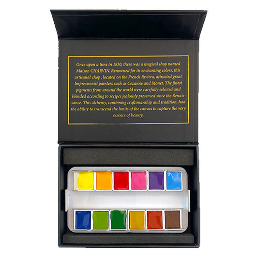 Aquarelle Extra Fine 12 Primary Half Pans Pocket Noir Watercolor Box · Charvin Arts