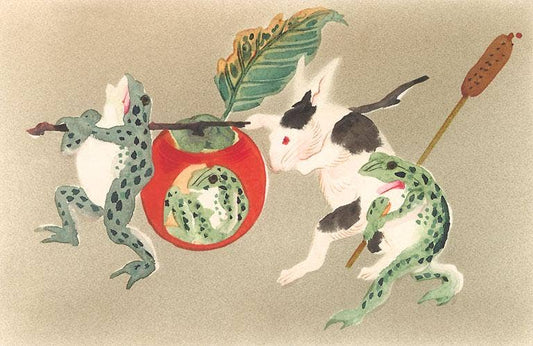 Frogs and Rabbit Carrying Palanquin / Vintage Image Postcard